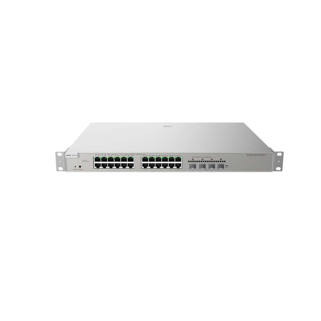 24 × 10/100/1000Base-T copper ports with auto-negotiation, 4 × SFP+ ports, fixed single AC power supply, PoE/PoE+ power supply, 370 W PoE power supply