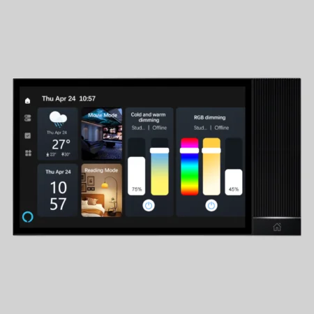 شاشة تحكم ذكية تعمل باللمس بحجم 8 بوصة تجمع مركز تحكم Zigbee وBLE Mesh مع موسيقى خلفية وAlexa مدمجة ووحدة تحكم بالأشعة تحت الحمراء (IR)، لتوفر تحكمًا مركزيًا وسهلًا بجميع أجهزة المنزل لذكي والأجهزة التقليدية من شاشة واحدة.