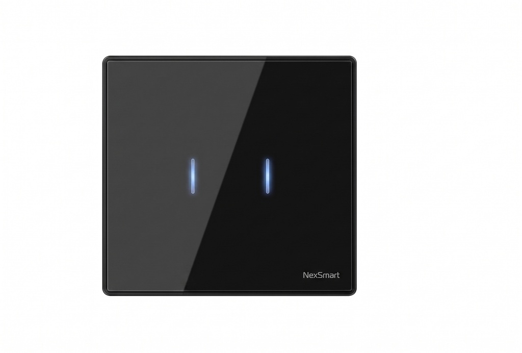 Zigbee 2-gang smart wall switch with 16A relay and N/L connection, featuring a sleek design with black glass and a black PC frame for controlling lighting and smart devices.