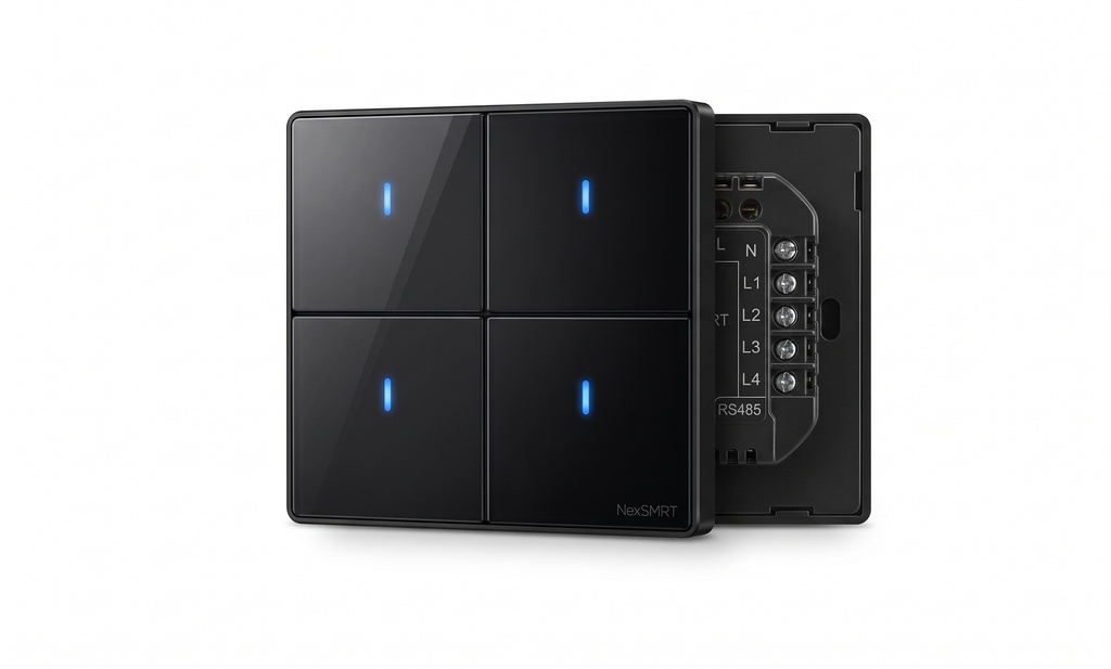 Zigbee Smart Wall Dimming Switch with Flat Glass Design, N/L Plug-in Operation, Black Glass Front and Black PC Frame, provides elegant and precise control over the brightness of smart lights.