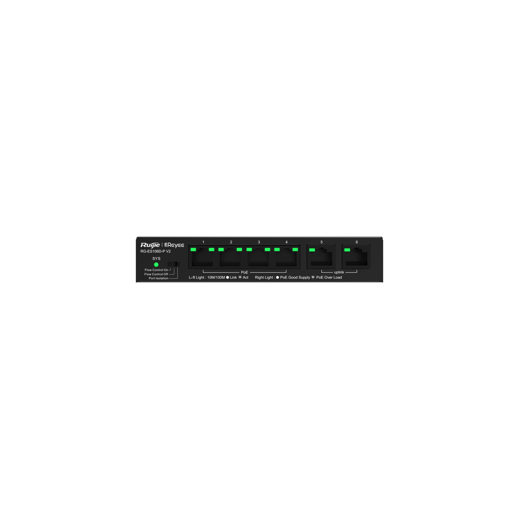 4-Port 10/100Mbps + 2 Uplink port 10/100Mbps, 4 of the ports support PoE/PoE+ power supply. Max PoE power budget is 58W, unmanaged switch, desktop