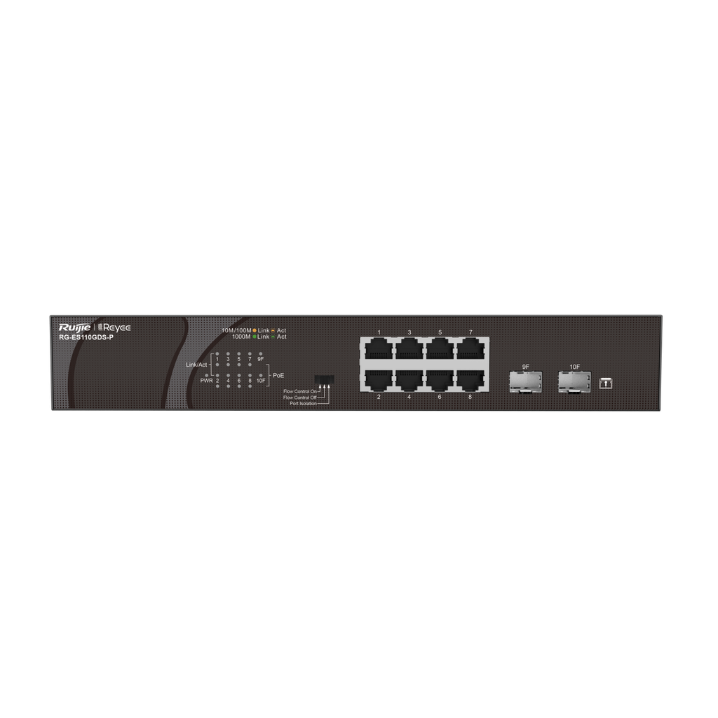 8 x 1000M copper ports and 2 x 1000M uplink SFP ports: 8 ports for PoE/PoE+, with the maximum PoE power up to 120 W; unmanaged switch;