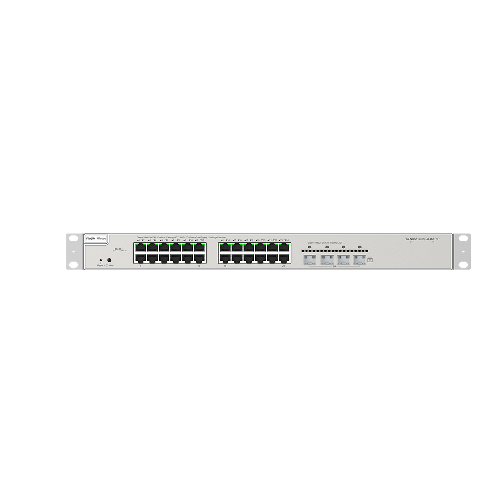 24 × 10/100/1000Base-T copper ports with auto-negotiation, 4 × 1GE SFP ports, fixed single AC power supply, PoE/PoE+ power supply, 370 W PoE power supply