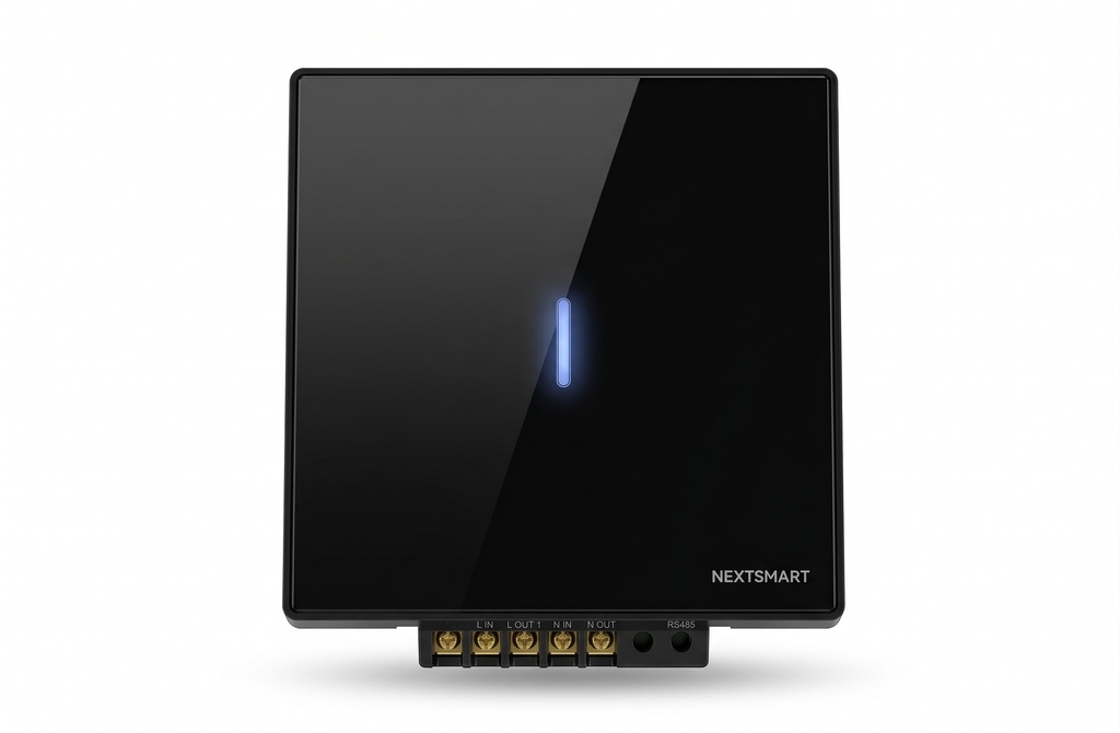 Zigbee single-gang smart wall switch with 16A relay and N/L connection, featuring a sleek black glass and black PC frame design for controlling lighting and smart devices.