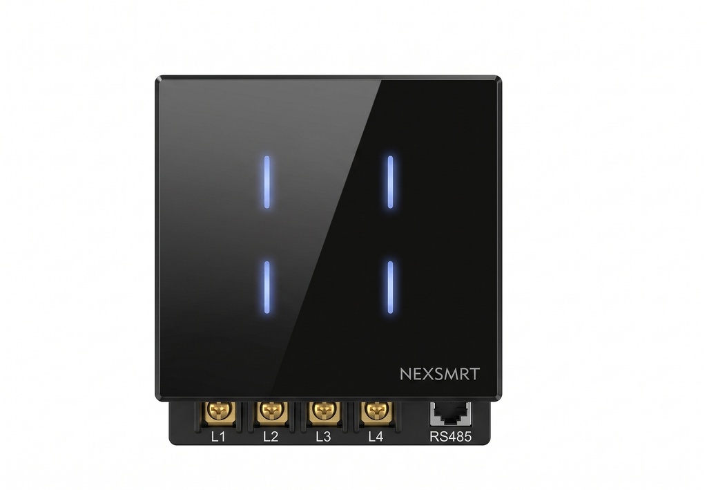 Zigbee 4-gang smart wall switch with 16A relay and N/L connection, featuring a sleek design with black glass and a black PC frame for controlling lighting and smart devices.