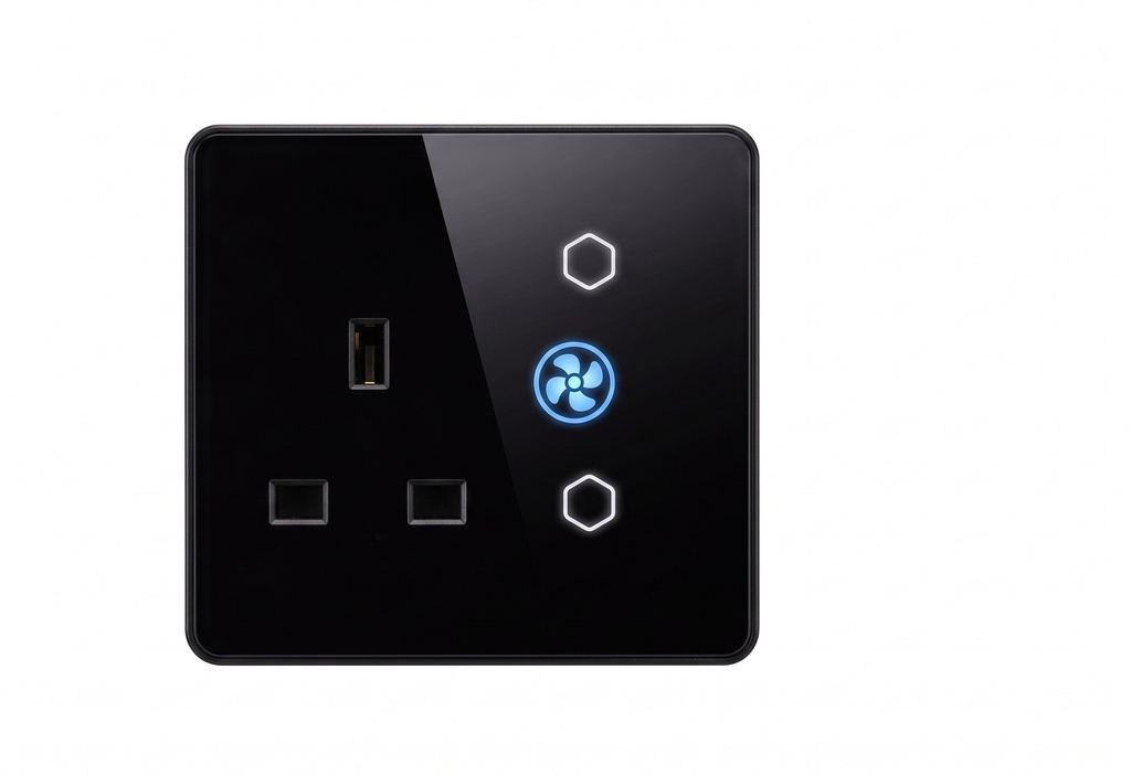 Zigbee UK standard smart wall socket with flat glass design and integrated Type-C charger, 16A output, N/L connection, black glass front and black PC frame for a stylish look and practical function