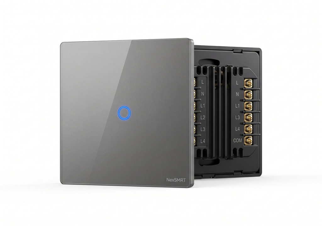 16 Amp Smart Button Switch with N/L Connection, Single Gang In black, it provides practical and stylish control for lighting or smart devices.